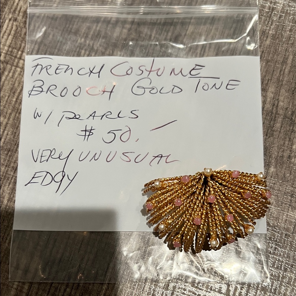 Gold Tone Brooch with Pink Accents